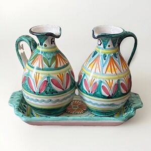 Vintage Italian Ravello Majolica Art Pottery Oil & Vinegar Cruets w/Underplate